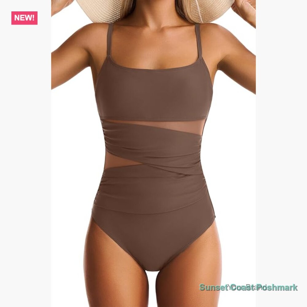 One Piece Swimsuit Tummy Control Mesh Push Up Slimming Square Neck